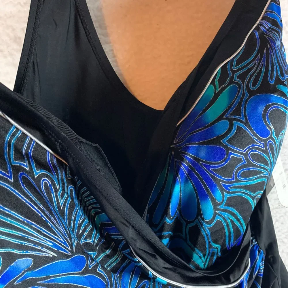 Swim Solutions Women's‎ 24W Blue Paisley Triple Tier Tank One Piece Swimsuit NWT - Picture 2 of 9